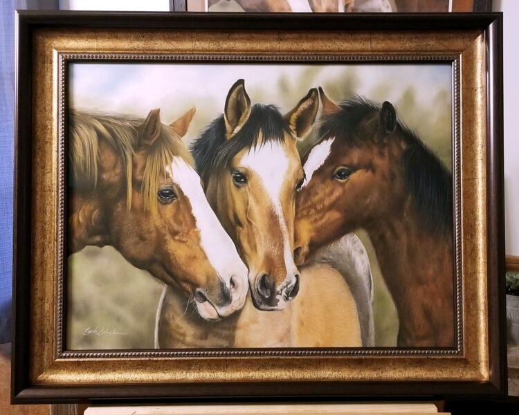 Wild Secrets pastel painting of three wild horses featured in Western Art Collector Artist Focus