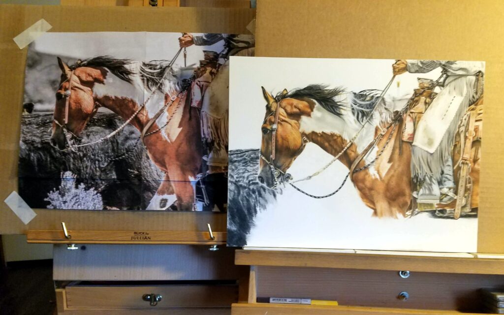 Horse Prairie Roundup pastel painting by Western artist Barb Schacher featuring a cowboy on horseback herding cattle during a roundup