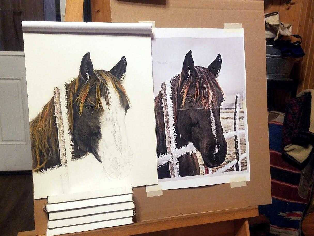 Photo of a reference photo and pastel painting of a horse demonstrating Barby Schacher's pastel layering process.