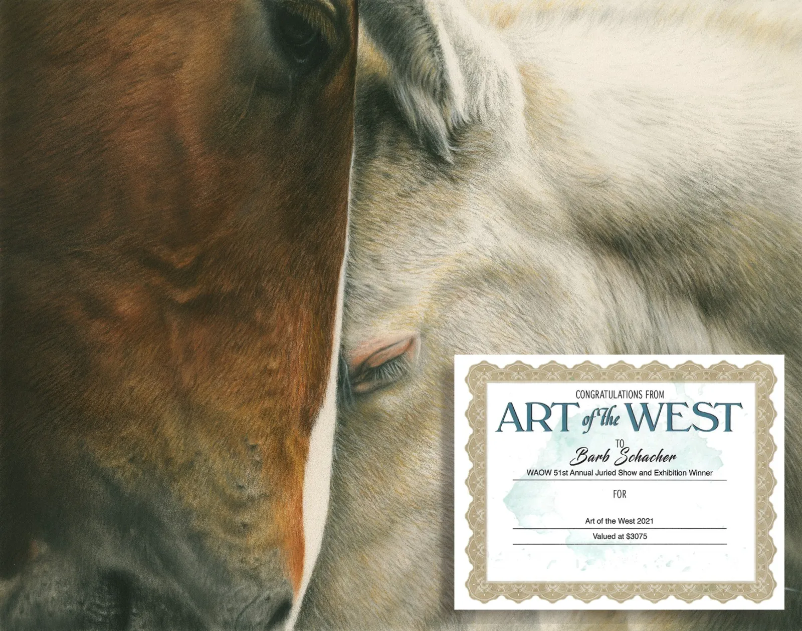 Featured award-winning pastel painting “Just Exhausted” by Barby Schacher, showing a weary mare and foal—recipient of an Art of the West honor.